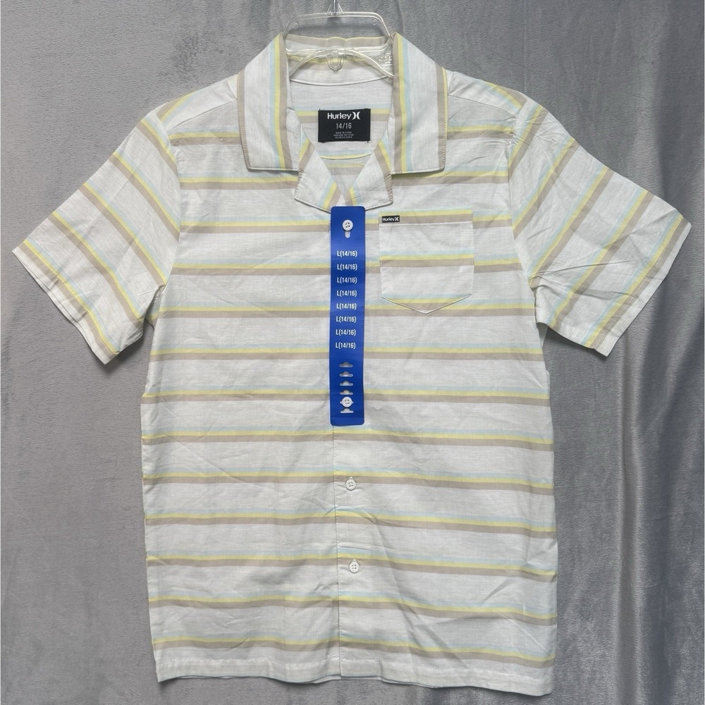Hurley Boys 14/16 Button Up‎ Shirt White Yellow Blue Striped Short Sleeve NWT